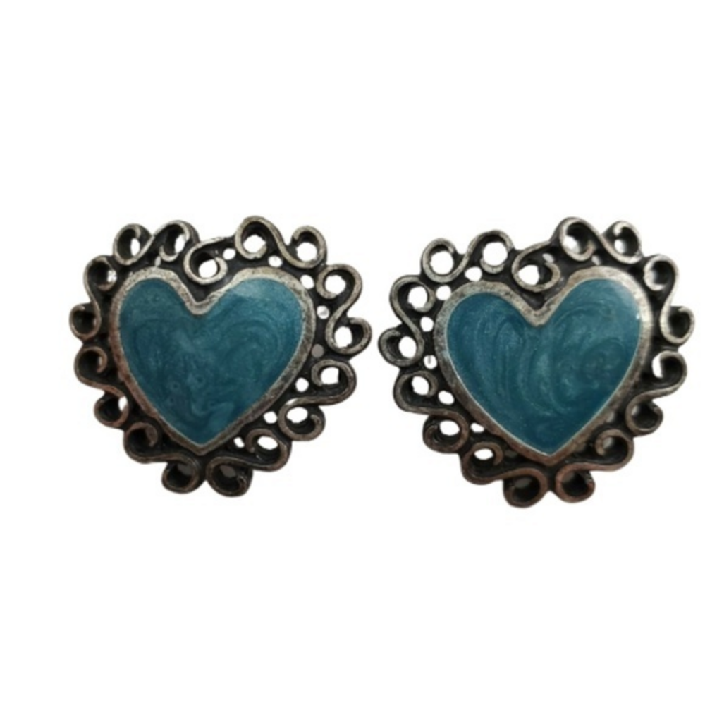 Newpro‎ Earrings Silver Tone Blue Enamel Swirl Vint